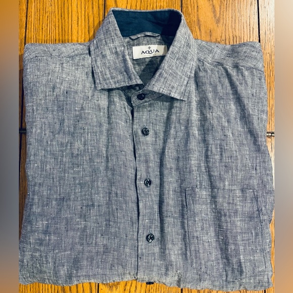 AQUA Toscano men’s 100% linen long sleeve button down shirt, medium, navy - Picture 1 of 5